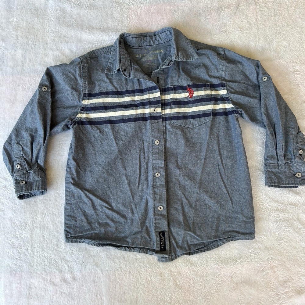Boys 5/6 Vintage US Polo Assn Button Up, Collard Shirt, Striped Blue Denim